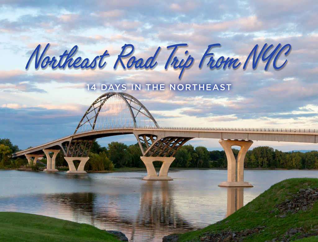 crown point bridge with overlaid text reading northeast road trip from new york city