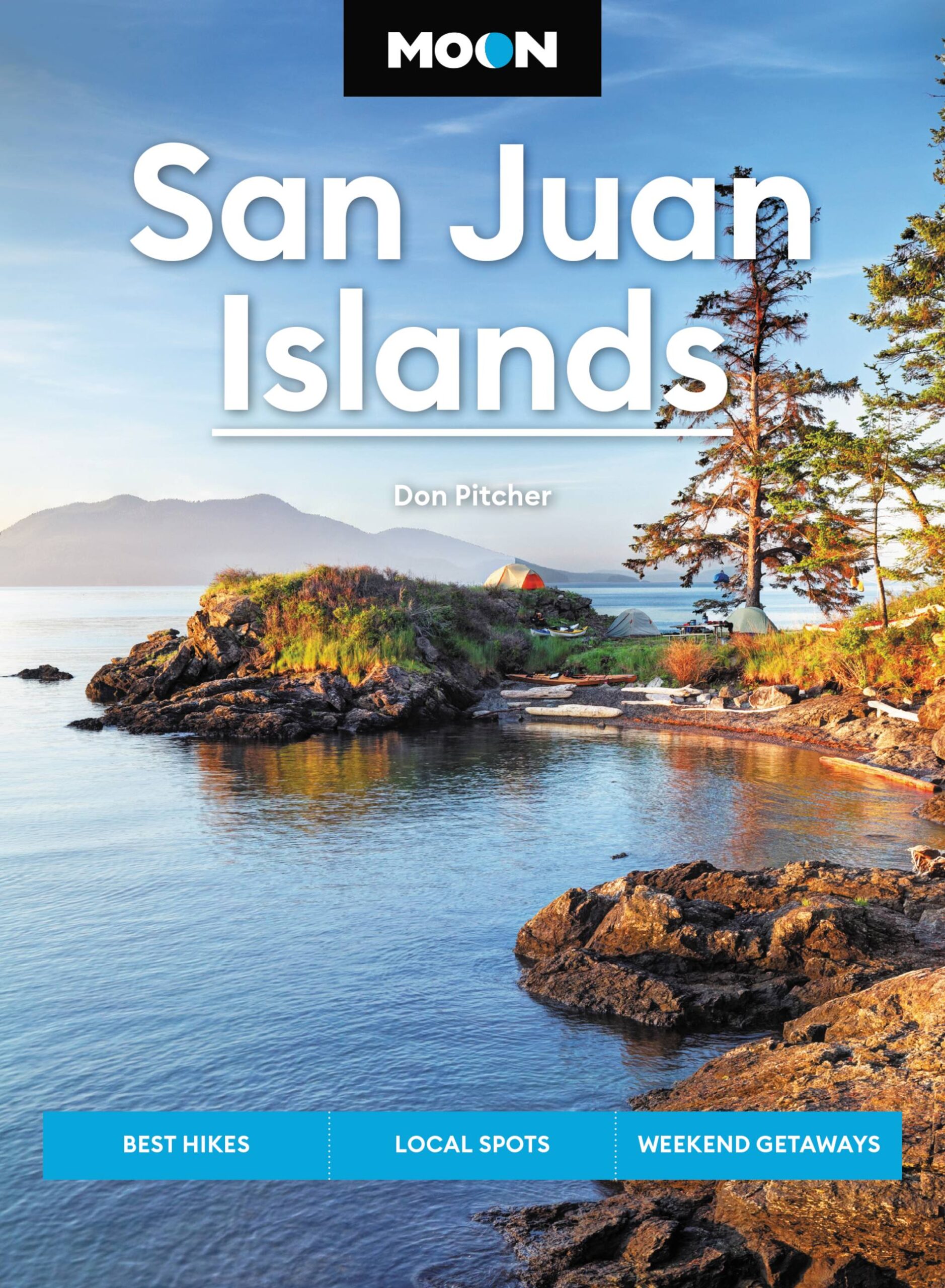 Moon San Juan Islands book jacket with image of tent camping on rocky ocean cove